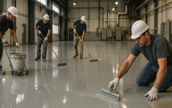 Para pekerja yang sedang melakukan pekerjaan epoxy lantai
